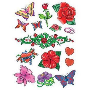 Romantické tetovačky - sada 14 barevných - květinové motivy, srdíčka, motýlci